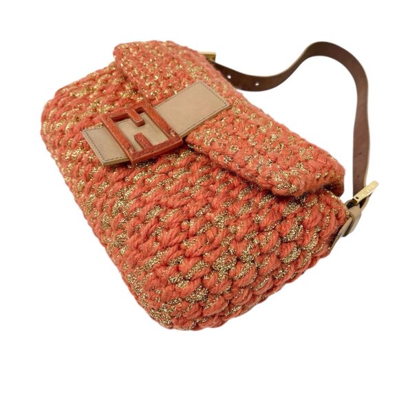 FENDI Vintage FF Mamma Baguette Wool Knit Shoulder Bag Glitter Orange [106267] - Picture 8 of 14